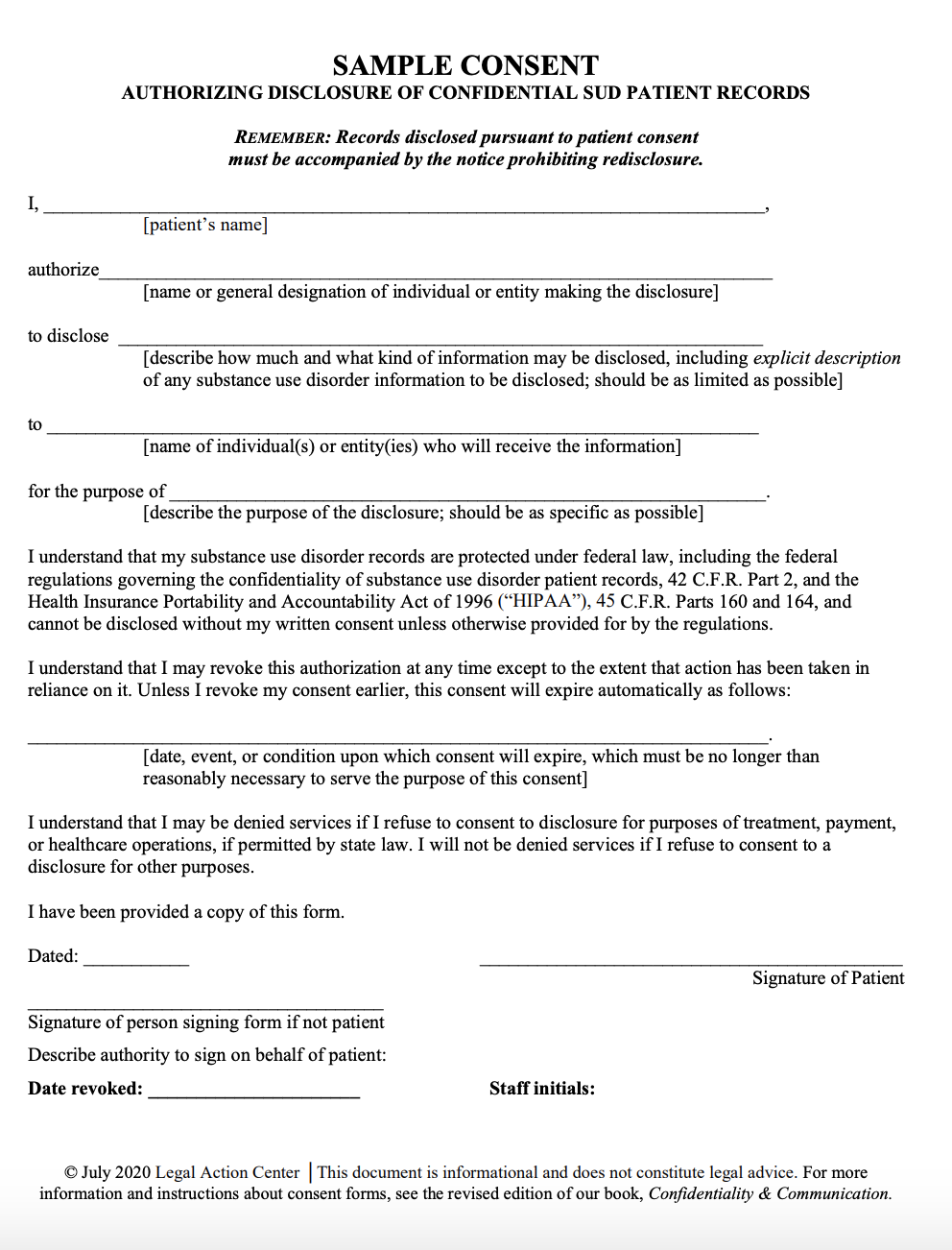 Legal Action Center  Sample Forms Regarding Substance Use Treatment Throughout therapy confidentiality agreement template