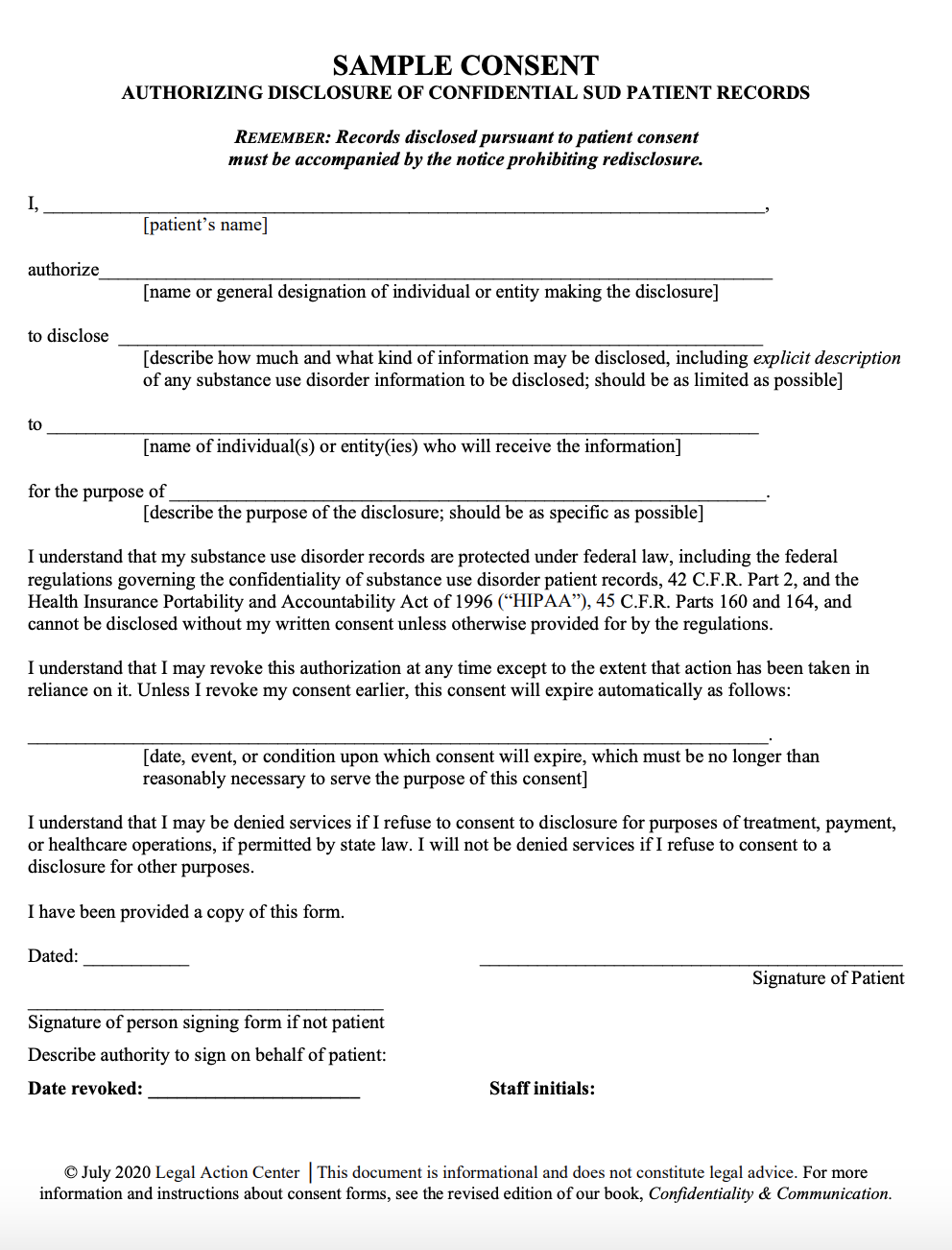 Legal Action Center Sample Forms Regarding Substance Use Treatment Throughout therapy confidentiality agreement template Legal Action Center Sample Forms Regarding Substance Use Treatment Throughout therapy confidentiality agreement template